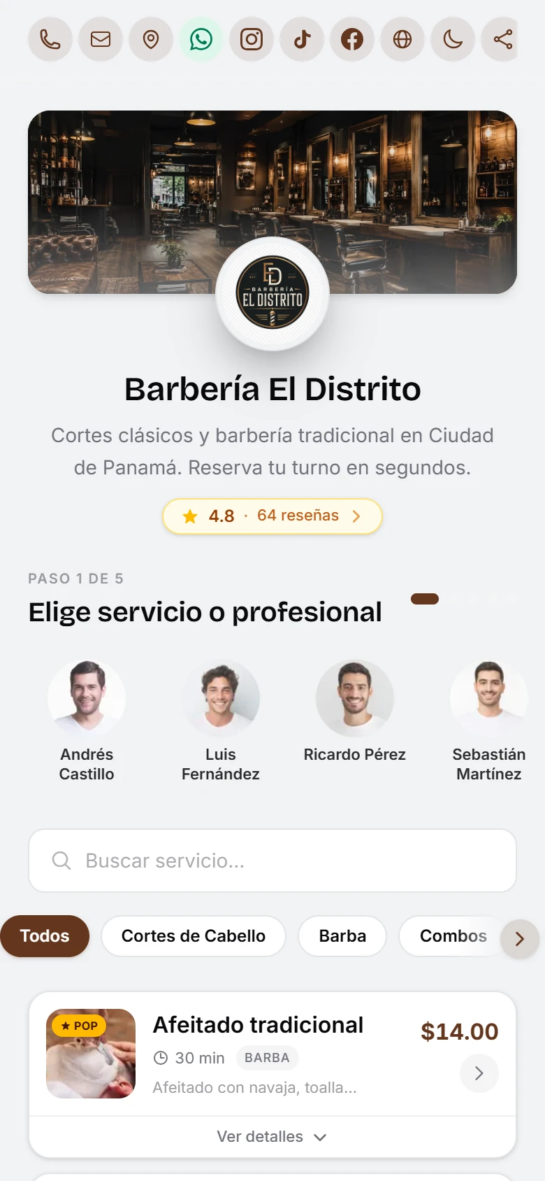 Portal de reservas de una barbería en el teléfono