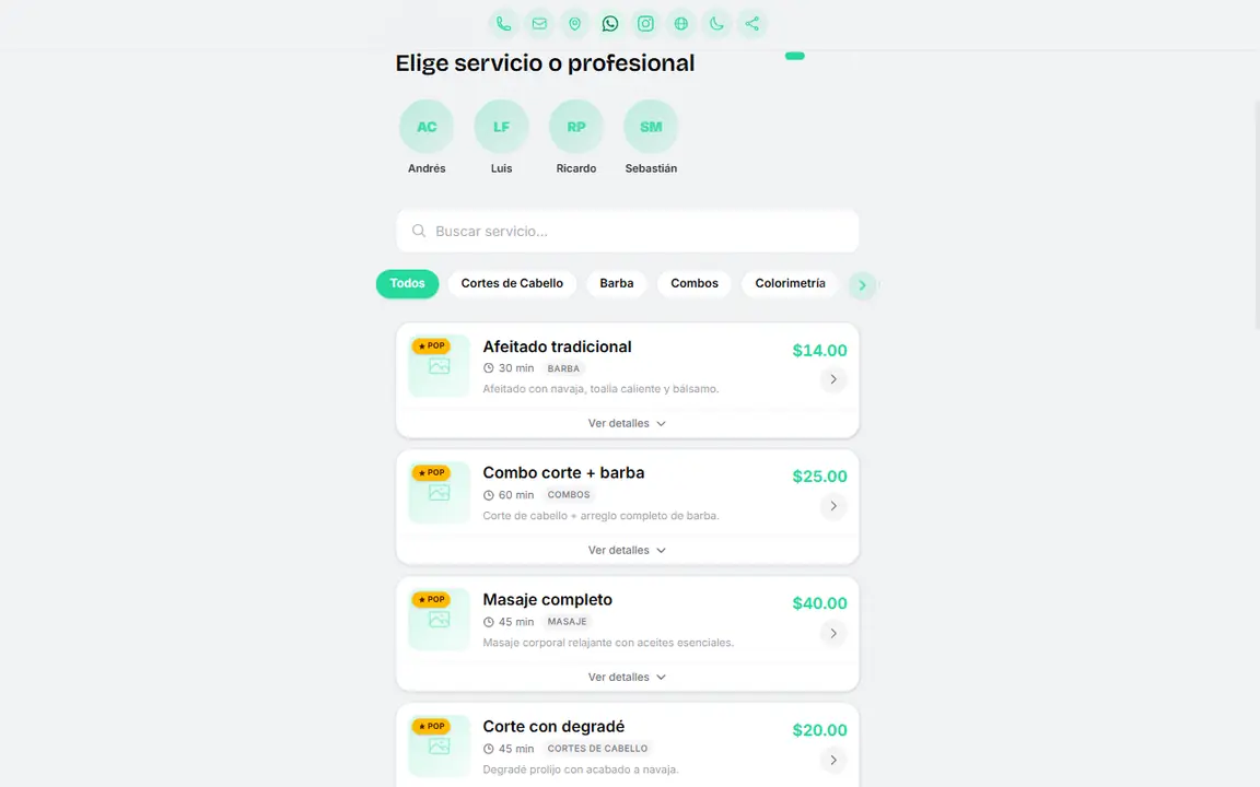 Portal público de reservas de Citook con el catálogo de servicios